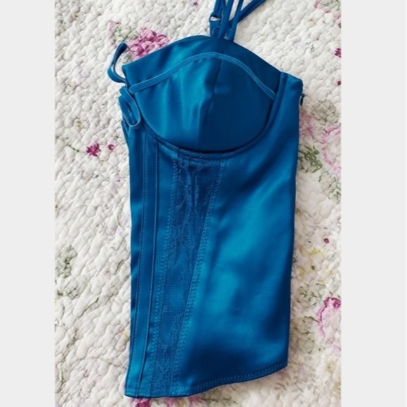 GUESS ORIGINAL- True Vintage Vivid Cerulean Blue Satin Bustier Corset Top - Picture 8 of 10